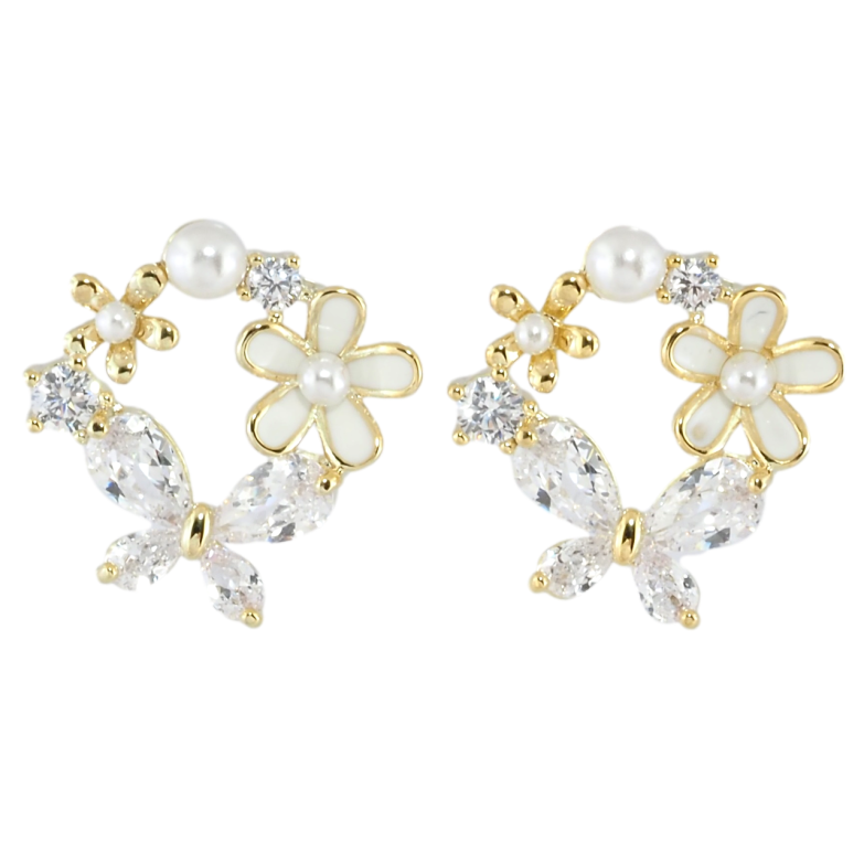 Серьги Xuping JEAN GOUJON Позолота 14K пусеты Цветочные веночки с цирконием и жемчужинками фото №1