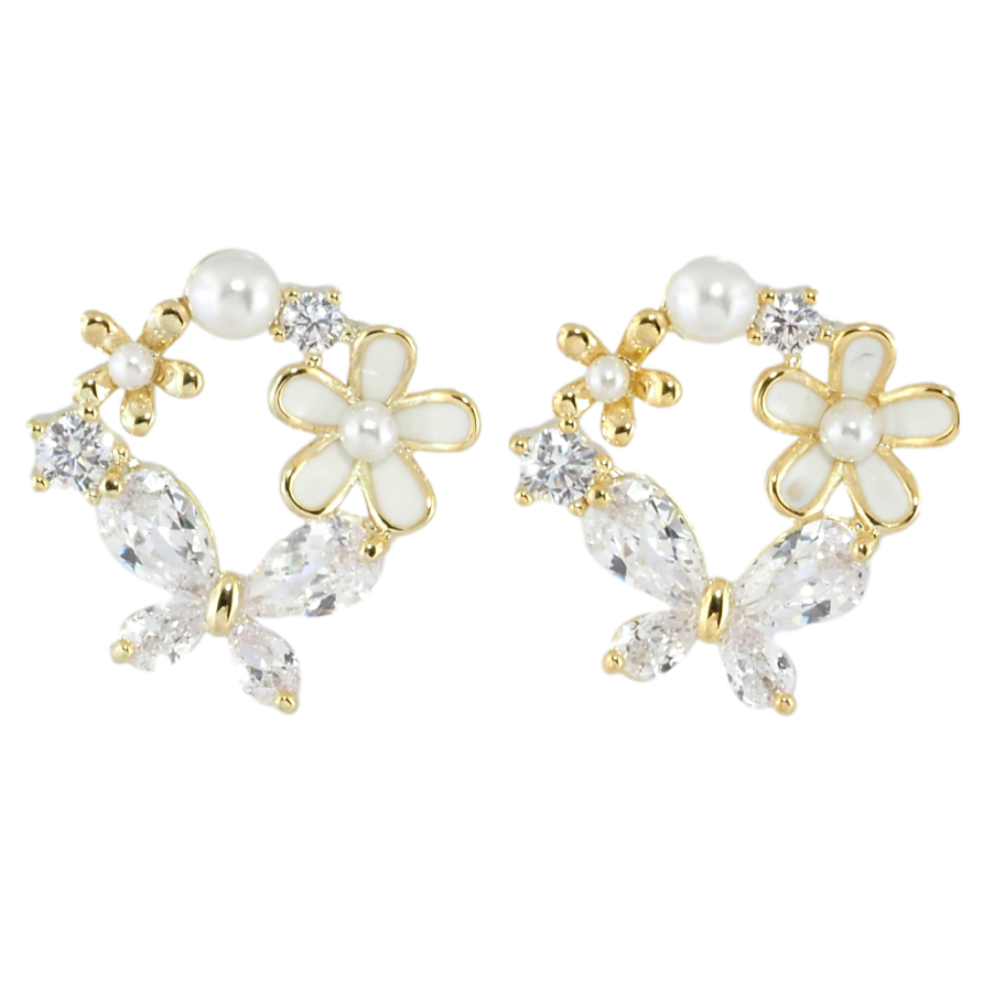 Серьги Xuping JEAN GOUJON Позолота 14K пусеты Цветочные веночки с цирконием и жемчужинками фото №1