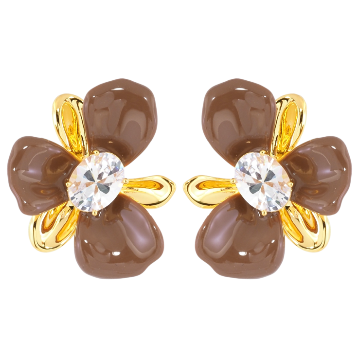 Серьги Xuping JEAN GOUJON Позолота 14K пусеты Цветочки с коричневой эмалью и фианитами фото №15