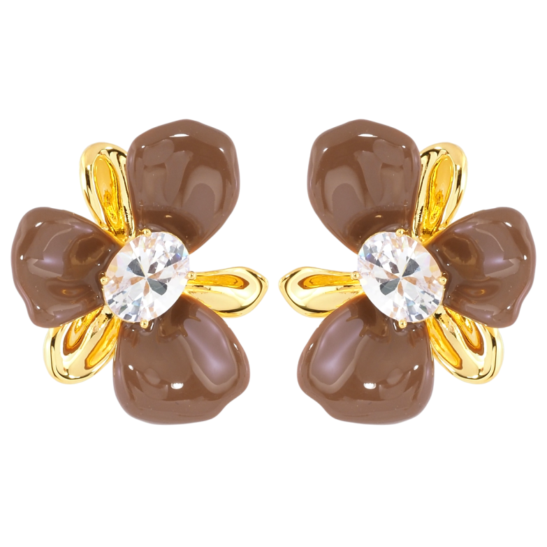 Сережки Xuping JEAN GOUJON Позолота 14K пусети «Квіточки з коричневою емаллю та фіанітами» фото №1