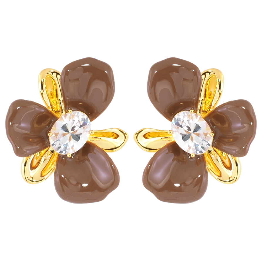 Сережки Xuping JEAN GOUJON Позолота 14K пусети «Квіточки з коричневою емаллю та фіанітами» фото №1