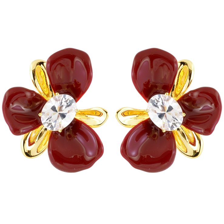 Серьги Xuping JEAN GOUJON Позолота 14K пусеты Цветочки с бордовой эмалью и фианитами фото №14