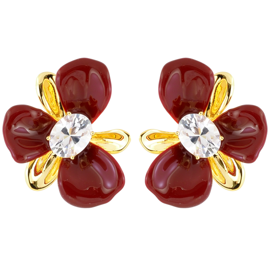 Серьги Xuping JEAN GOUJON Позолота 14K пусеты Цветочки с бордовой эмалью и фианитами фото №1