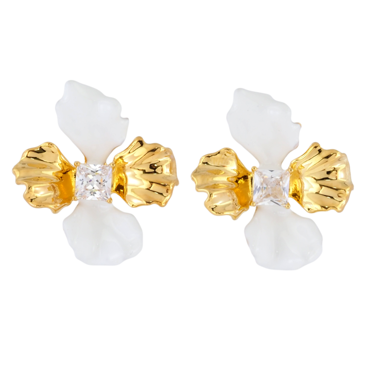 Серьги Xuping JEAN GOUJON Позолота 14K пусеты Цветочки с белой эмалью и фианитами фото №15