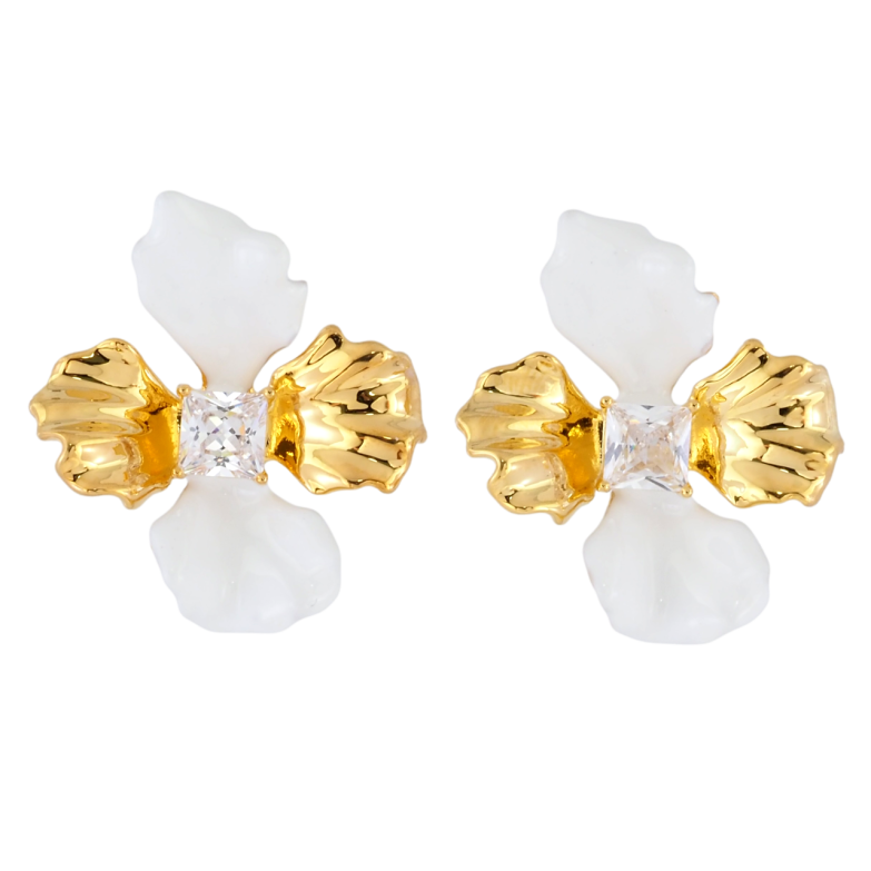 Серьги Xuping JEAN GOUJON Позолота 14K пусеты Цветочки с белой эмалью и фианитами фото №1