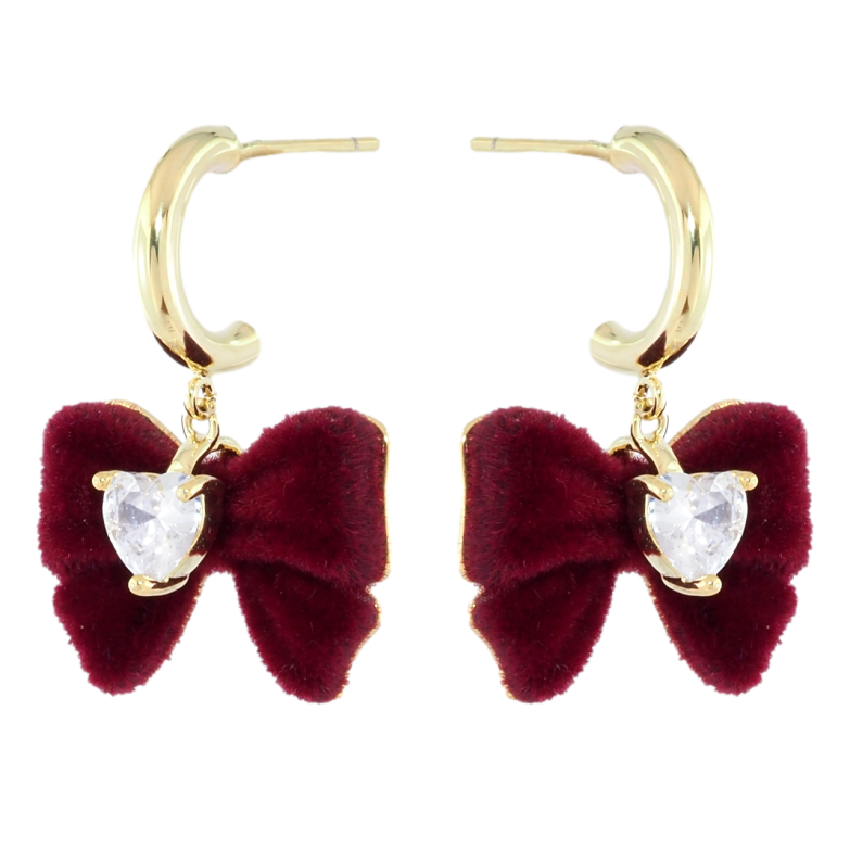 Сережки Xuping JEAN GOUJON Позолота 14K пусети «Бордові оксамитові банти з цирконієм» фото №1