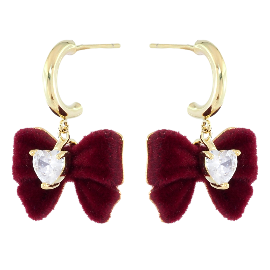 Сережки Xuping JEAN GOUJON Позолота 14K пусети «Бордові оксамитові банти з цирконієм» фото №1