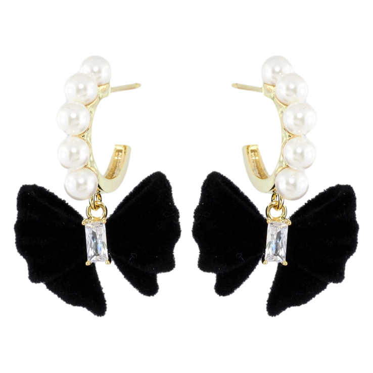 Серьги Xuping JEAN GOUJON Позолота 14K пусеты Черные бархатные банты с цирконием и жемчужинами фото №12