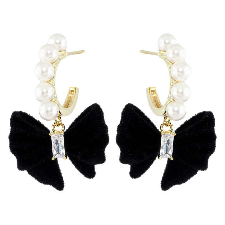 Серьги Xuping JEAN GOUJON Позолота 14K пусеты Черные бархатные банты с цирконием и жемчужинами фото №3