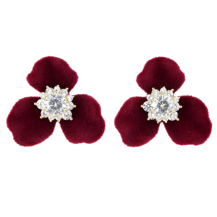 Серьги Xuping JEAN GOUJON Позолота 14K пусеты Бордовые бархатные цветочки фото №7