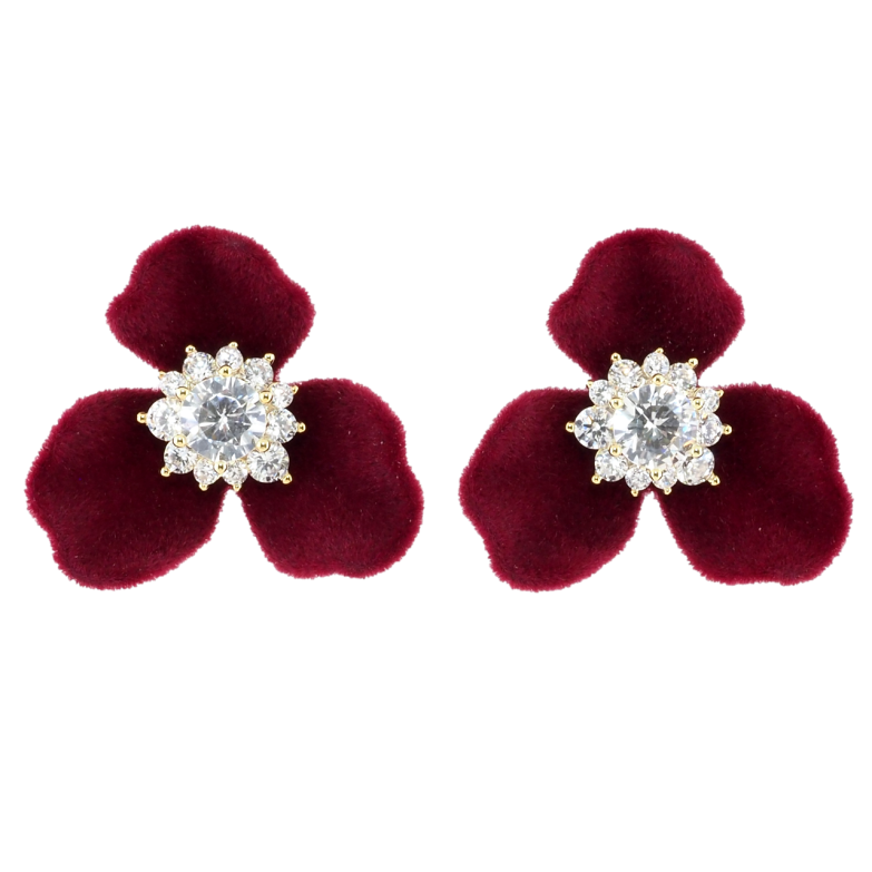 Серьги Xuping JEAN GOUJON Позолота 14K пусеты Бордовые бархатные цветочки фото №6