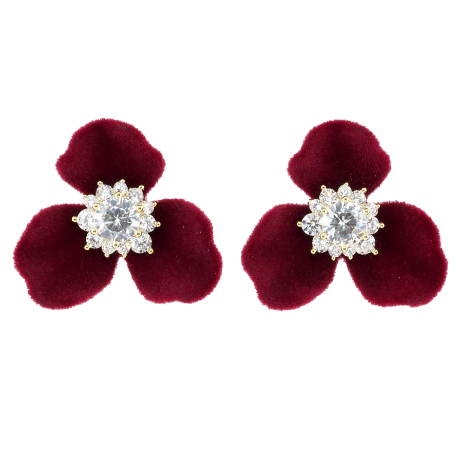 Серьги Xuping JEAN GOUJON Позолота 14K пусеты Бордовые бархатные цветочки фото №1