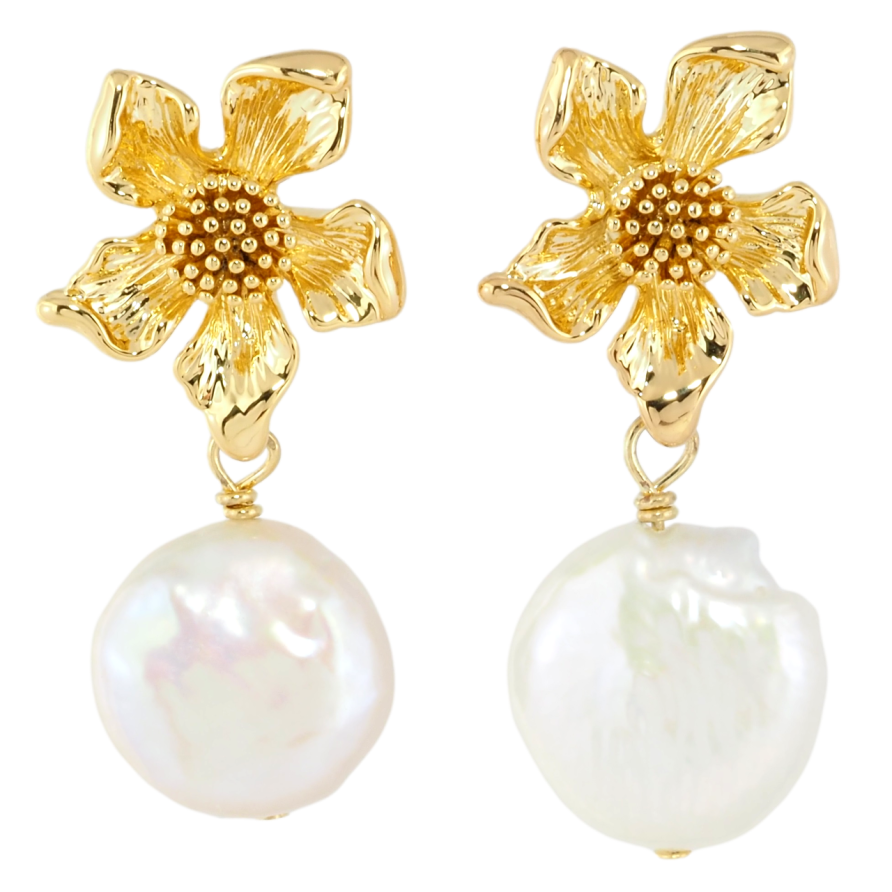 Серьги Xuping JEAN GOUJON Позолота 14K пусеты Цветочки с жемчужными подвесками фото №1