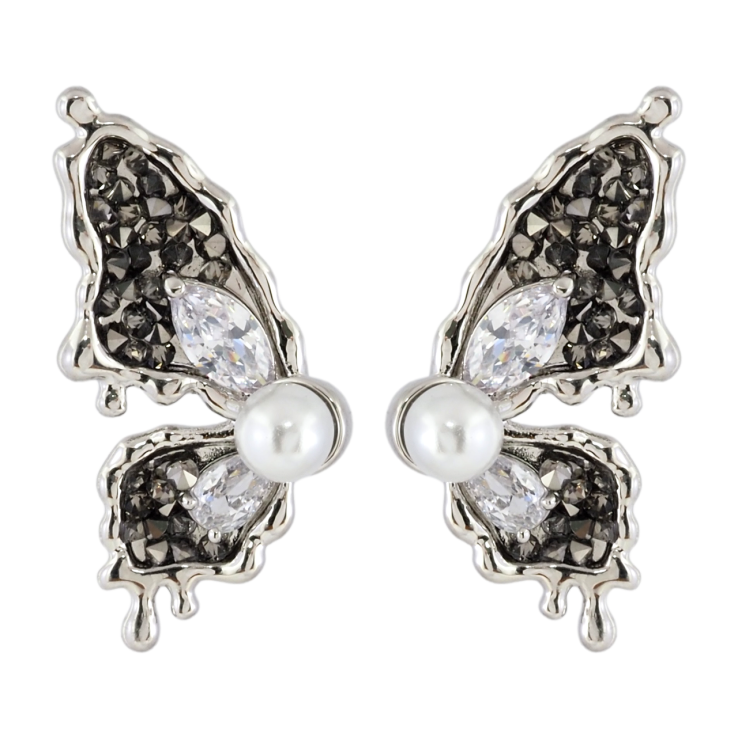 Серьги Xuping JEAN GOUJON Родий пусеты Бабочки с черно-белыми кристаллами и жемчужинами фото №10