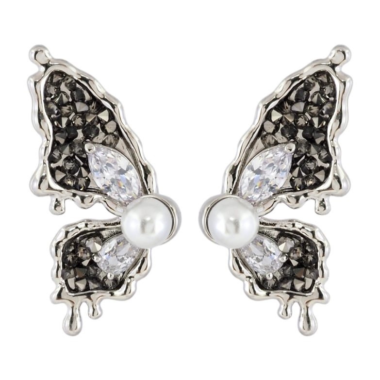 Серьги Xuping JEAN GOUJON Родий пусеты Бабочки с черно-белыми кристаллами и жемчужинами фото №1