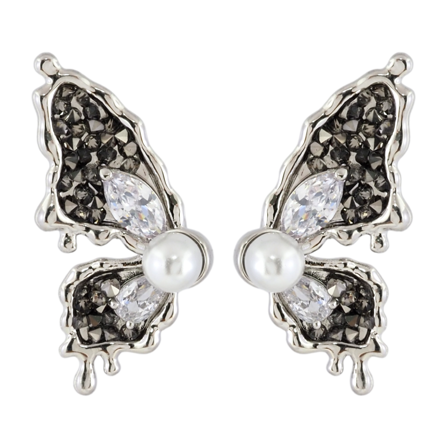 Серьги Xuping JEAN GOUJON Родий пусеты Бабочки с черно-белыми кристаллами и жемчужинами фото №1