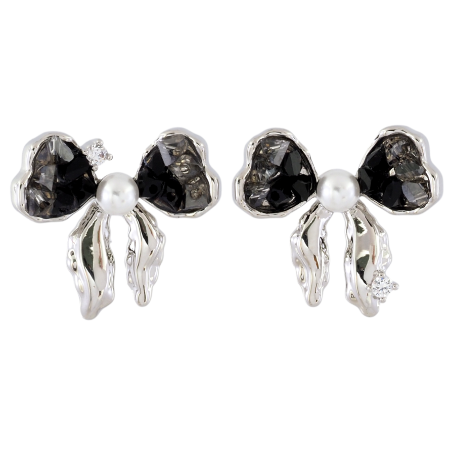 Серьги Xuping JEAN GOUJON Родий пусеты Ассиметричные банты с черными кристаллами и жемчужинами фото №1