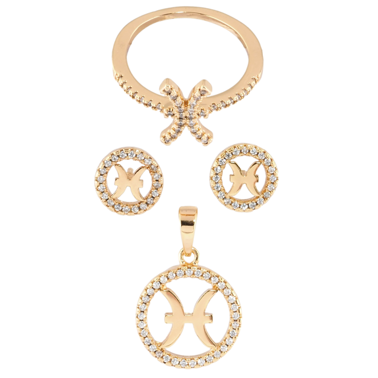Набір Xuping Позолота 18K Сережки Кулон Каблучка Знак Зодіаку Риби ø 9мм та 14мм; фото №14 Набір Xuping Позолота 18K Сережки Кулон Каблучка Знак Зодіаку Риби ø 9мм та 14мм; фото №14