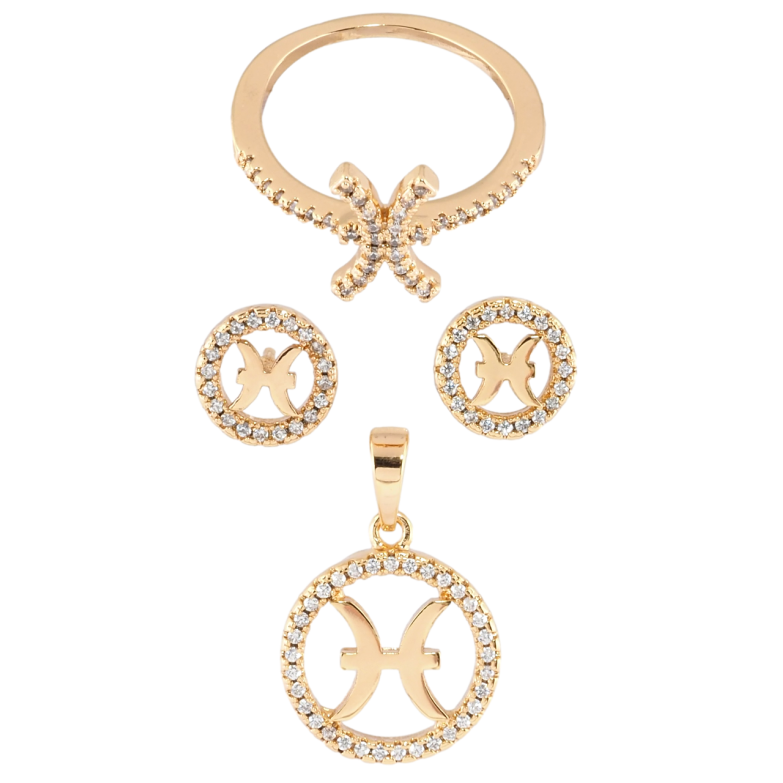 Набір Xuping Позолота 18K Сережки Кулон Каблучка Знак Зодіаку Риби ø 9мм та 14мм; фото №1 Набір Xuping Позолота 18K Сережки Кулон Каблучка Знак Зодіаку Риби ø 9мм та 14мм; фото №1