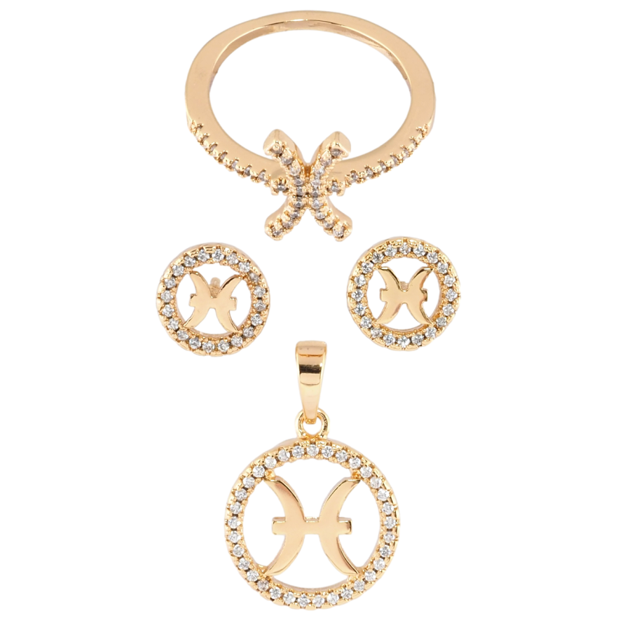 Набір Xuping Позолота 18K Сережки Кулон Каблучка Знак Зодіаку Риби ø 9мм та 14мм; фото №1 Набір Xuping Позолота 18K Сережки Кулон Каблучка Знак Зодіаку Риби ø 9мм та 14мм; фото №1