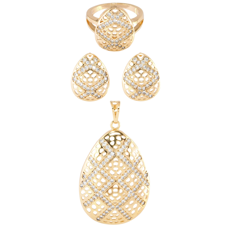 Набір Xuping Позолота 18K Сережки Кулон Каблучка Різьблені крапельки з цирконієм фото №7 Набір Xuping Позолота 18K Сережки Кулон Каблучка Різьблені крапельки з цирконієм фото №7