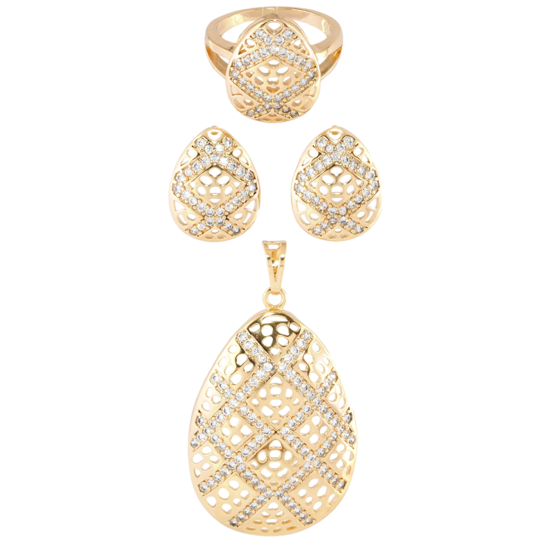 Набір Xuping Позолота 18K Сережки Кулон Каблучка Різьблені крапельки з цирконієм фото №1 Набір Xuping Позолота 18K Сережки Кулон Каблучка Різьблені крапельки з цирконієм фото №1