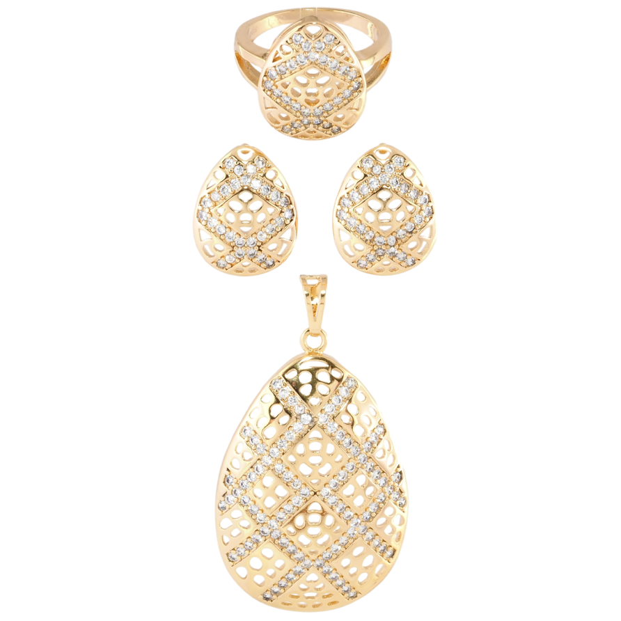 Набір Xuping Позолота 18K Сережки Кулон Каблучка Різьблені крапельки з цирконієм фото №1 Набір Xuping Позолота 18K Сережки Кулон Каблучка Різьблені крапельки з цирконієм фото №1