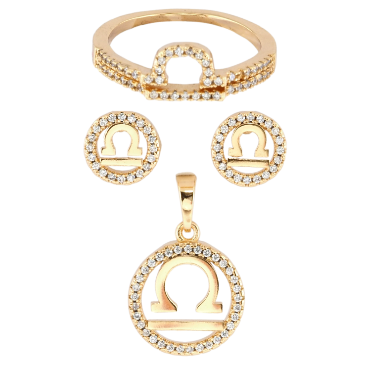 Набір Xuping Позолота 18K Сережки Кулон Каблучка Знак Зодіаку Терези ø 9мм і 14мм; фото №24 Набір Xuping Позолота 18K Сережки Кулон Каблучка Знак Зодіаку Терези ø 9мм і 14мм; фото №24