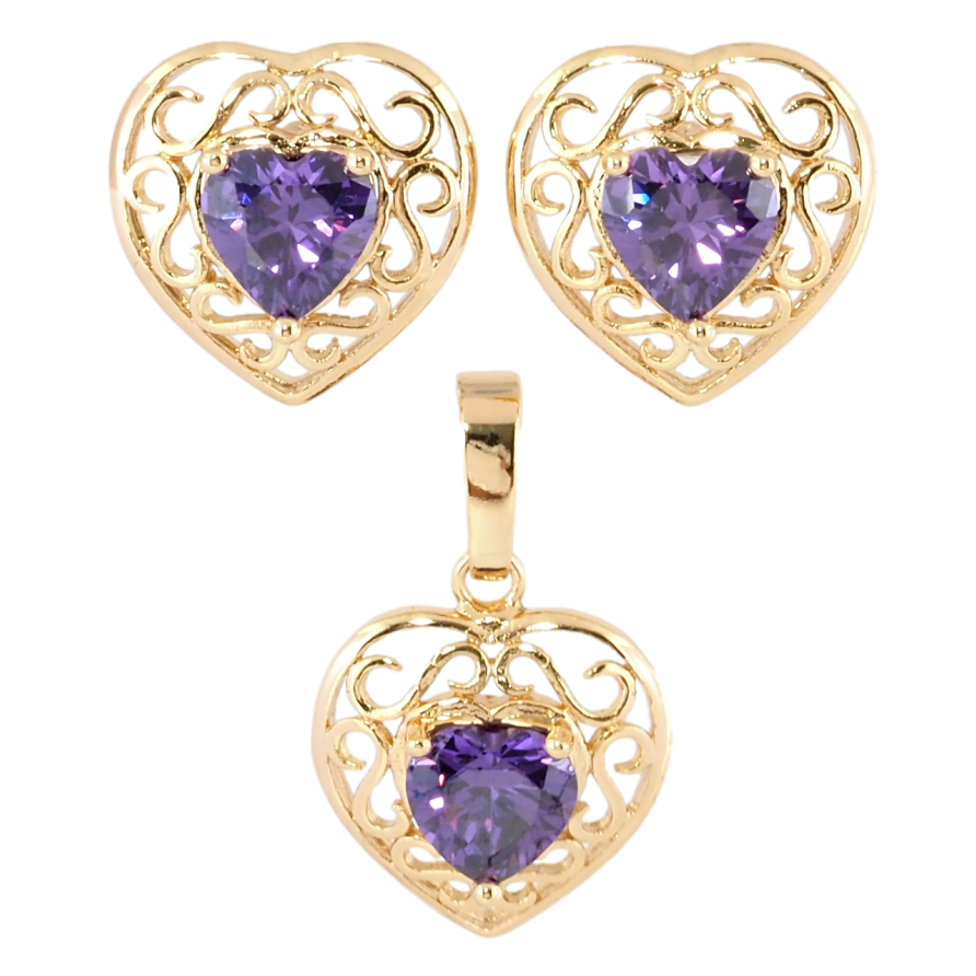 Набор Xuping Позолота 18K Серьги Кулон Ажурные сердечки  сиреневыми фианитами фото №1