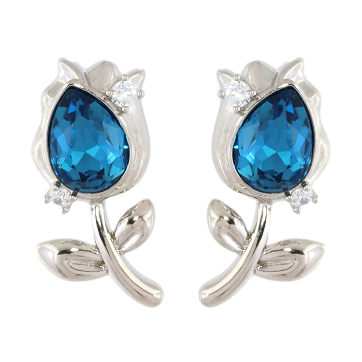 Сережки Xuping колір Родій з кристалами Swarovski пусети Квіточки з кристалами Capri Blue фото №4