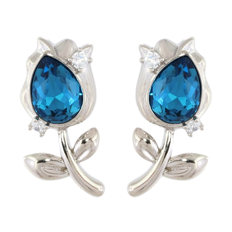 Сережки Xuping колір Родій з кристалами Swarovski пусети Квіточки з кристалами Capri Blue фото №1