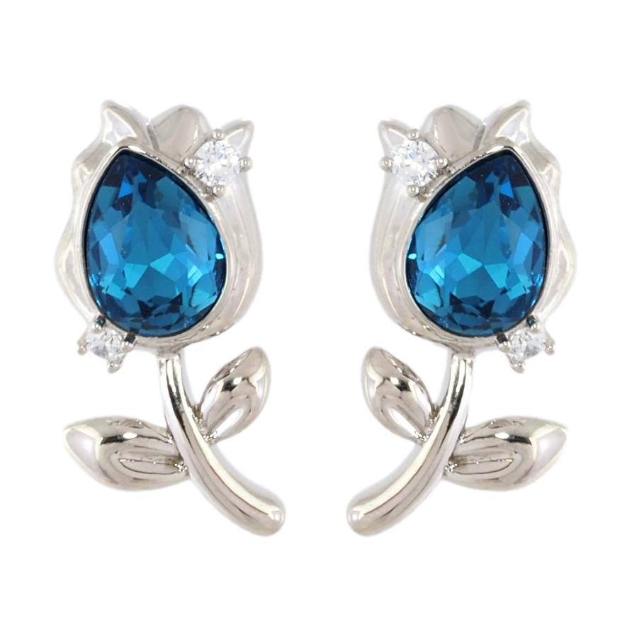 Сережки Xuping колір Родій з кристалами Swarovski пусети Квіточки з кристалами Capri Blue фото №1