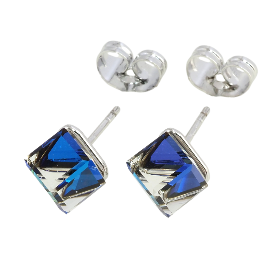 Сережки Xuping колір Родій з кристалами Swarovski пусети Кришталеві кубики Capri Blue» 6х6мм фото №1