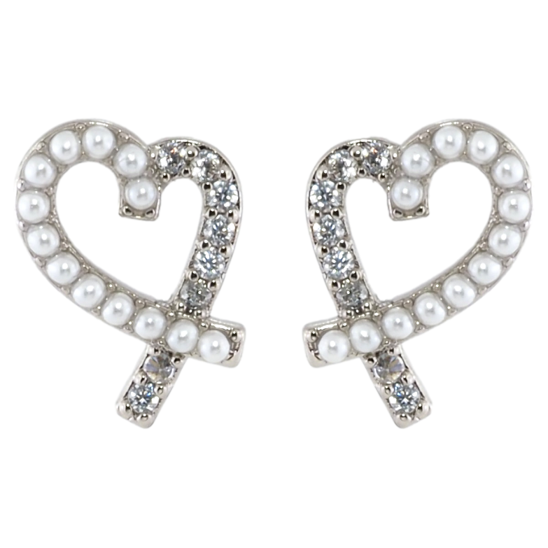 Серьги Xuping Родий пусеты Сердечки с цирконием и жемчужинами фото №1