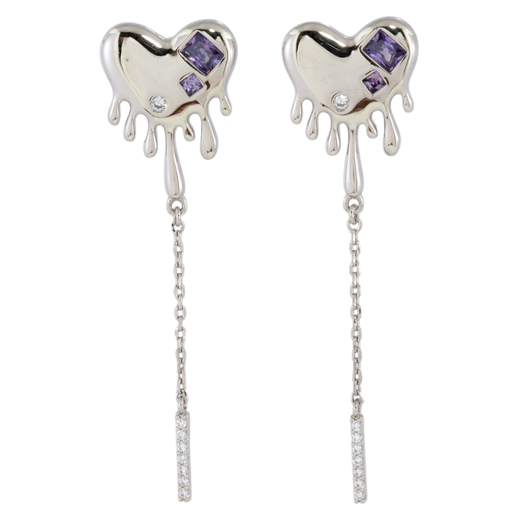Серьги Xuping Родий пусеты Сердечки с сиреневыми фианитами на одну сторону фото №11