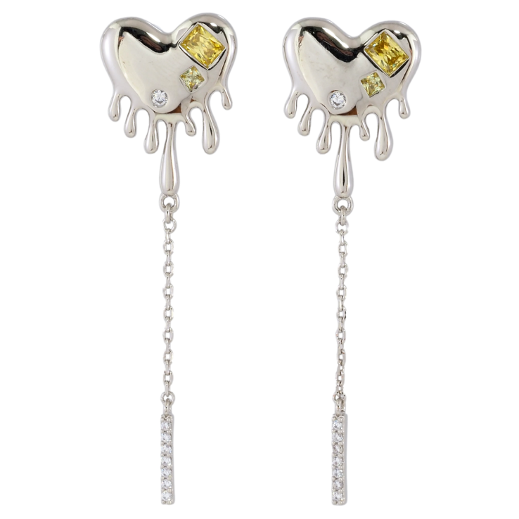 Серьги Xuping Родий пусеты Сердечки с желтыми фианитами на одну сторону фото №14