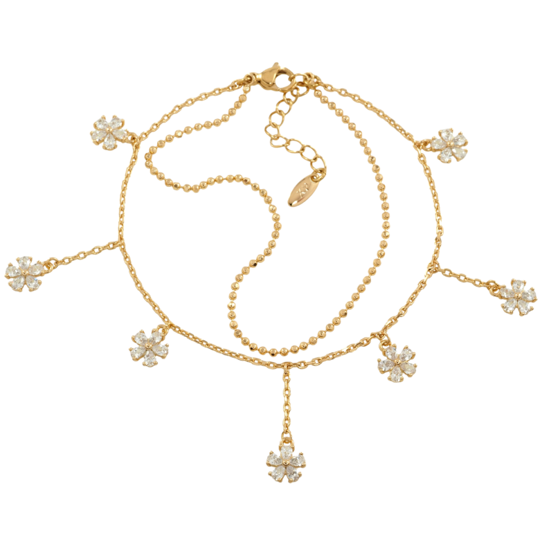 Браслет Xuping Позолота 18K «Подвійний ланцюжок з кришталевими квіточками» розмір з доп. ланцюжком 18-21см х 1.5мм фото №1