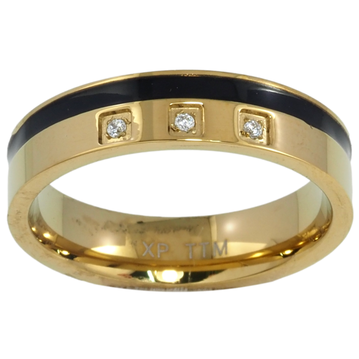 Кольцо Xuping TTM Stainless Steel Цвет 14К Полоса черной эмалью и цирконий, шир. 5мм фото №7