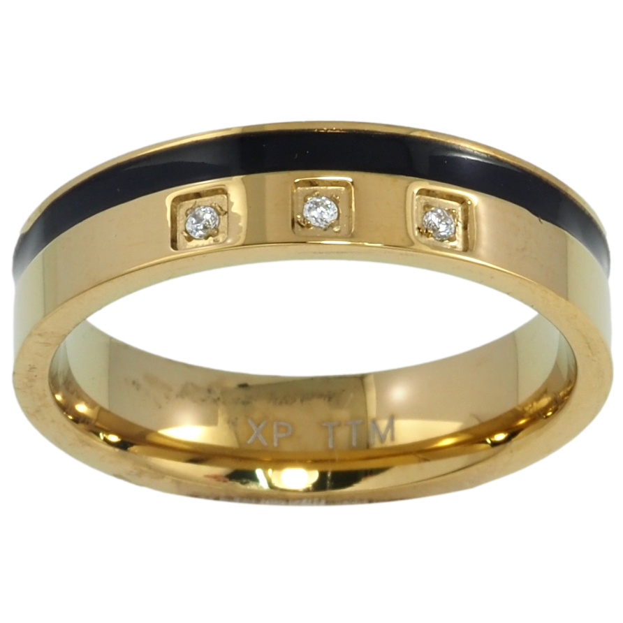 Кольцо Xuping TTM Stainless Steel Цвет 14К Полоса черной эмалью и цирконий, шир. 5мм фото №1