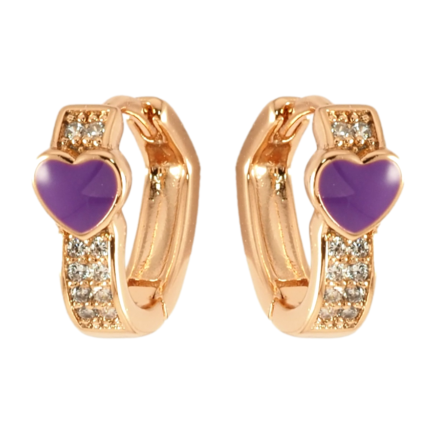 Серьги Xuping Позолота 18K колечки Инкрустация цирконием и сердечко с сиреневой эмалью фото №1