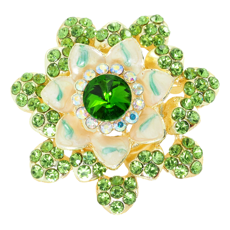 Брошка Квітка з покриттям емаллю та зеленими стразами фото №1