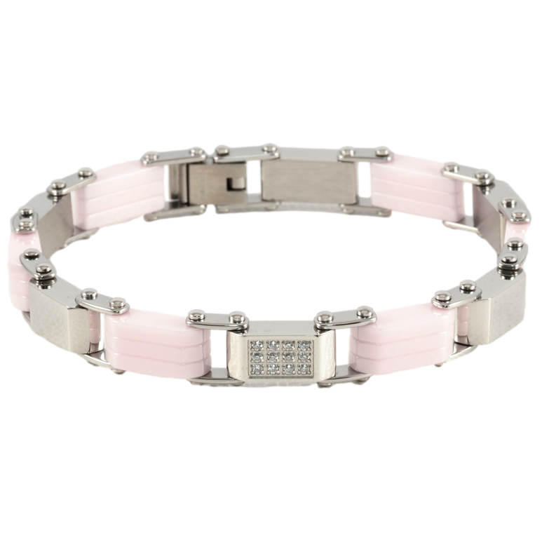 Браслет Xuping ТТМ Stainless Steel колір Родій Ланки з рожевої кераміки та цирконієм розмір 20см х 6-8мм фото №4