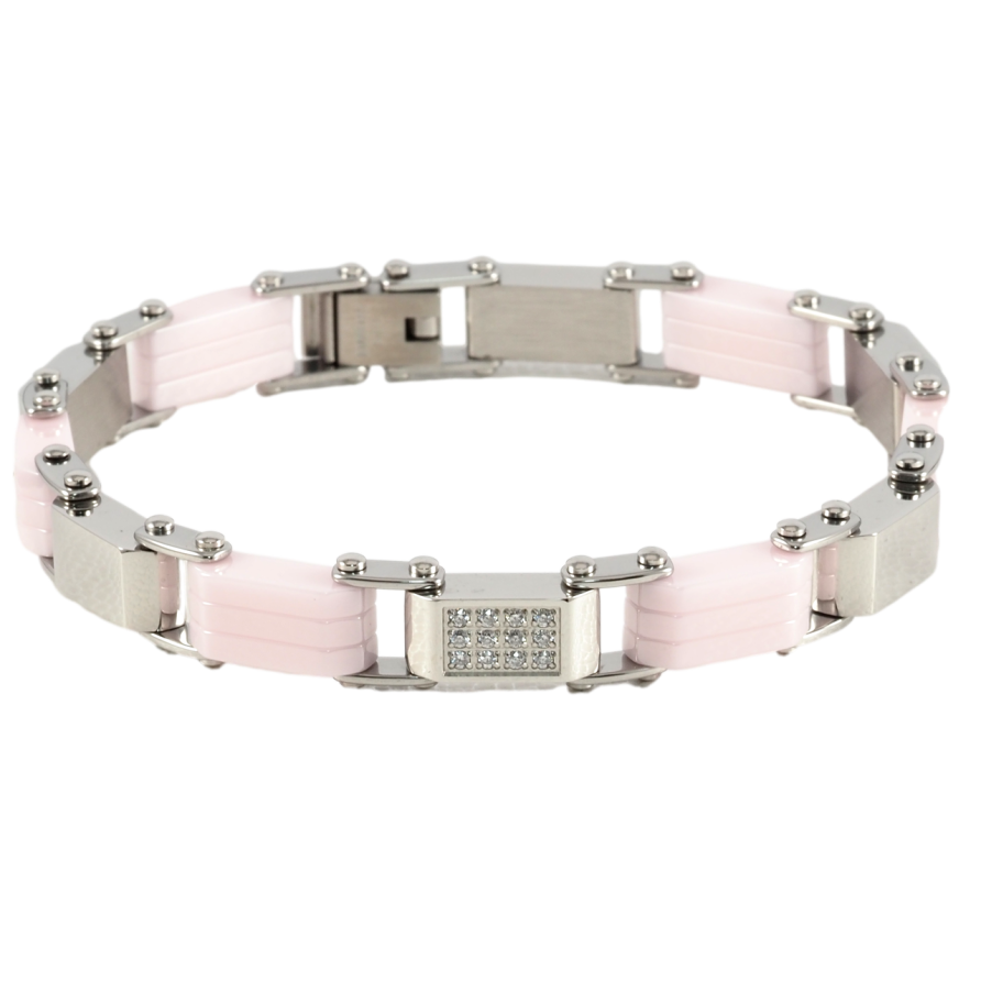 Браслет Xuping ТТМ Stainless Steel колір Родій Ланки з рожевої кераміки та цирконієм розмір 20см х 6-8мм фото №1
