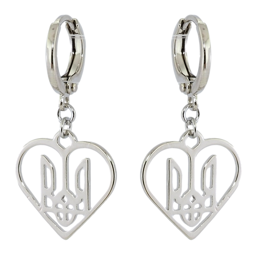 Сережки Xuping колір Родій підвіски на колечках Герб України в сердечку фото №1