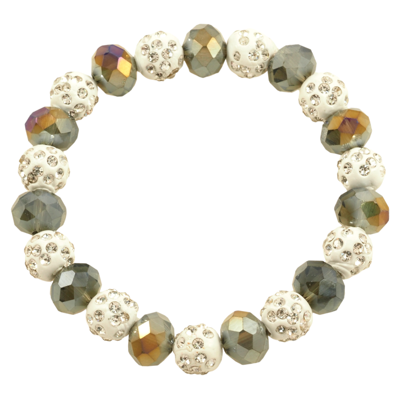 Браслет на гумці скло «Сіро-білі намистини, ø 10мм» вільний розмір фото №1