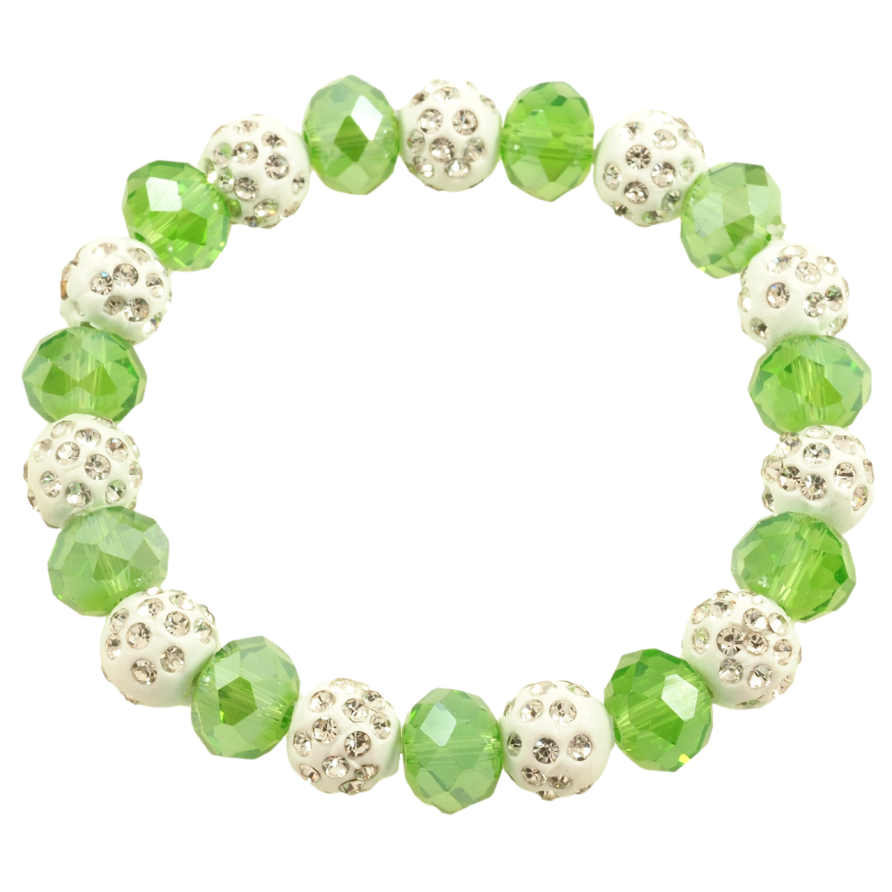 Браслет на гумці скло «Зелено-білі намистини, ø 10мм» вільний розмір фото №1