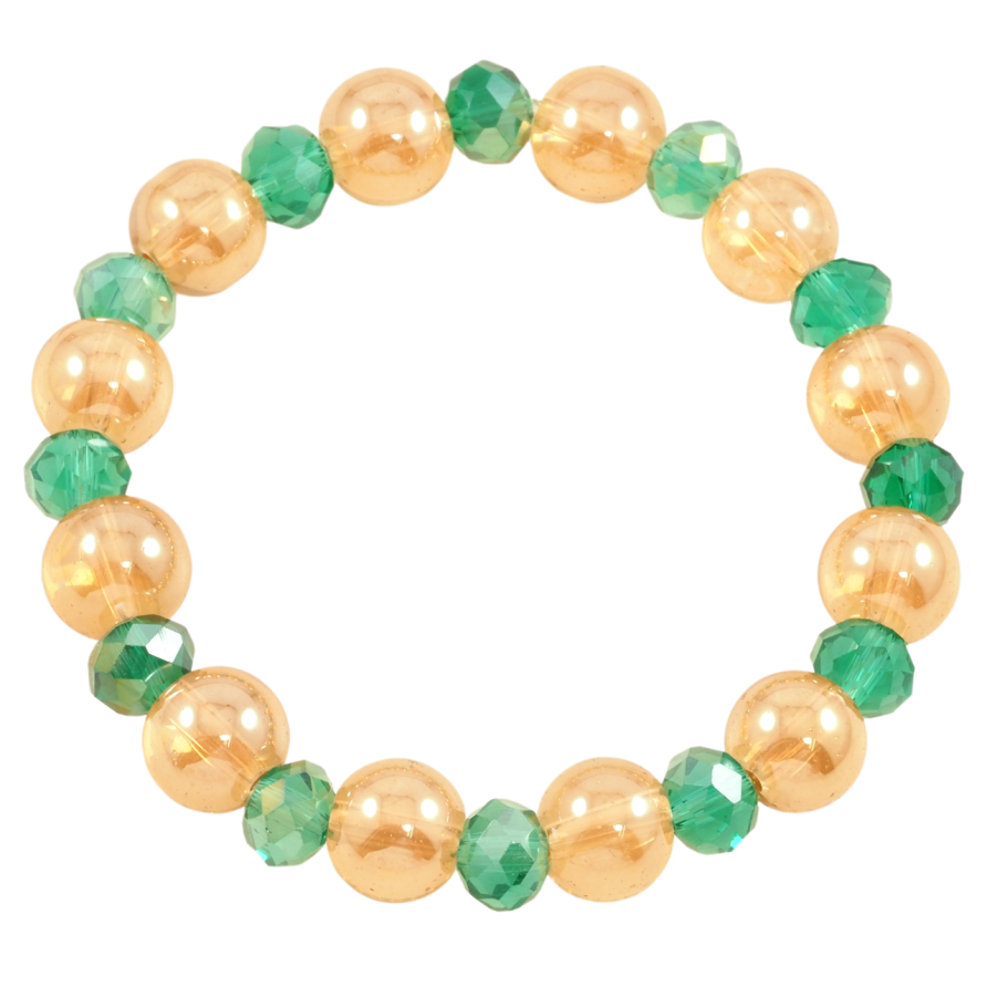 Браслет на гумці скло «Золотисто-зелені намистини, ø 8мм і 10мм» вільний розмір фото №1