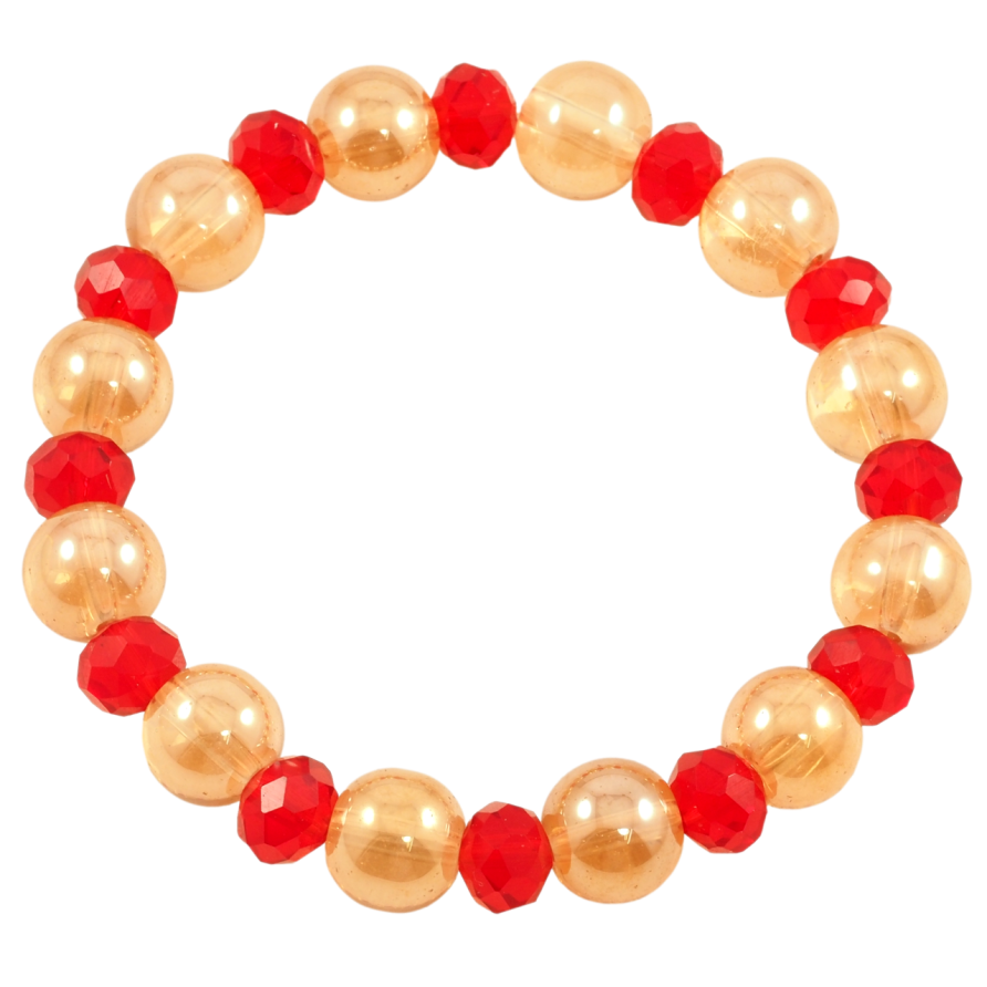 Браслет на гумці скло «Золотисто-червоні намистини, ø 8мм і 10мм» вільний розмір фото №1