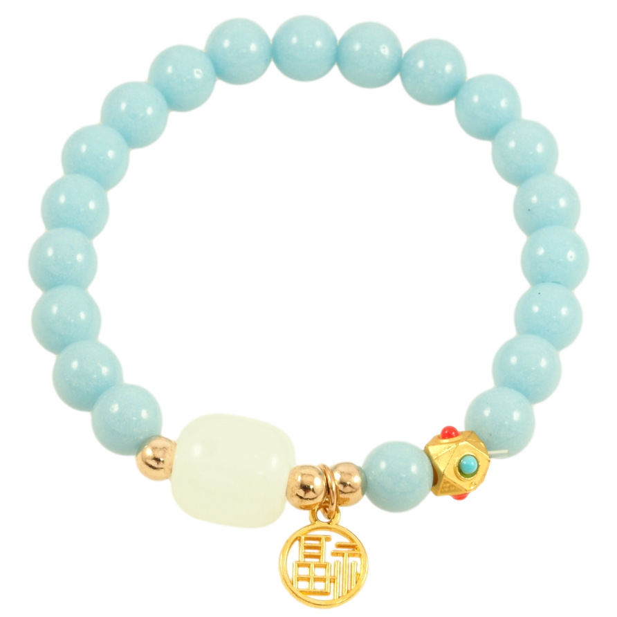 Браслет на резинке стекло Голубые флуоресцентные (светящиеся) бусины с подвеской, ø 8мм свободный размер фото №1