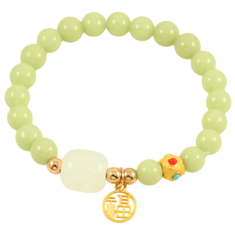 Браслет на резинке стекло Салатовые флуоресцентные (светящиеся) бусины с подвеской, ø 8мм свободный размер фото №1